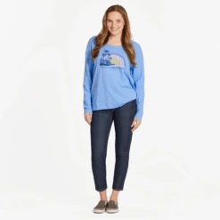 Women's Here Comes The Sun Rainbow Relaxed Fit Long Sleeve Slub Tee -Clothes Style Shop Womens Here Comes The Sun Rainbow Relaxed Fit Long Sleeve Slub Tee 99609 4 lg