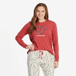 Women's Holiday Lights Heart Long Sleeve Snuggle Up Relaxed Sleep Tee