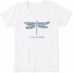 Women's Wildflower Dragonfly Watercolor Short Sleeve Vee